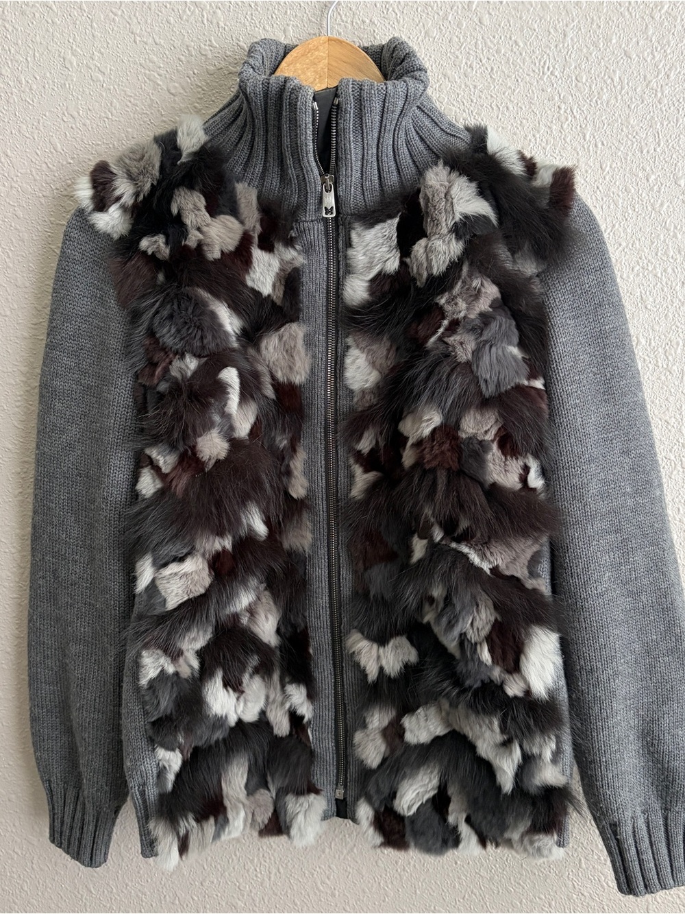 Max Mara Weekend Gray Fur Front Knit Zip Sweater Jacket Black Grey Patchwork
